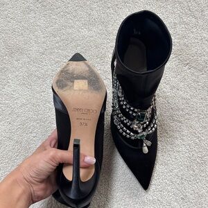 Jimmy Choo Lyja 100 Black Stretch Satin Bootie w/ Crystal necklace detail